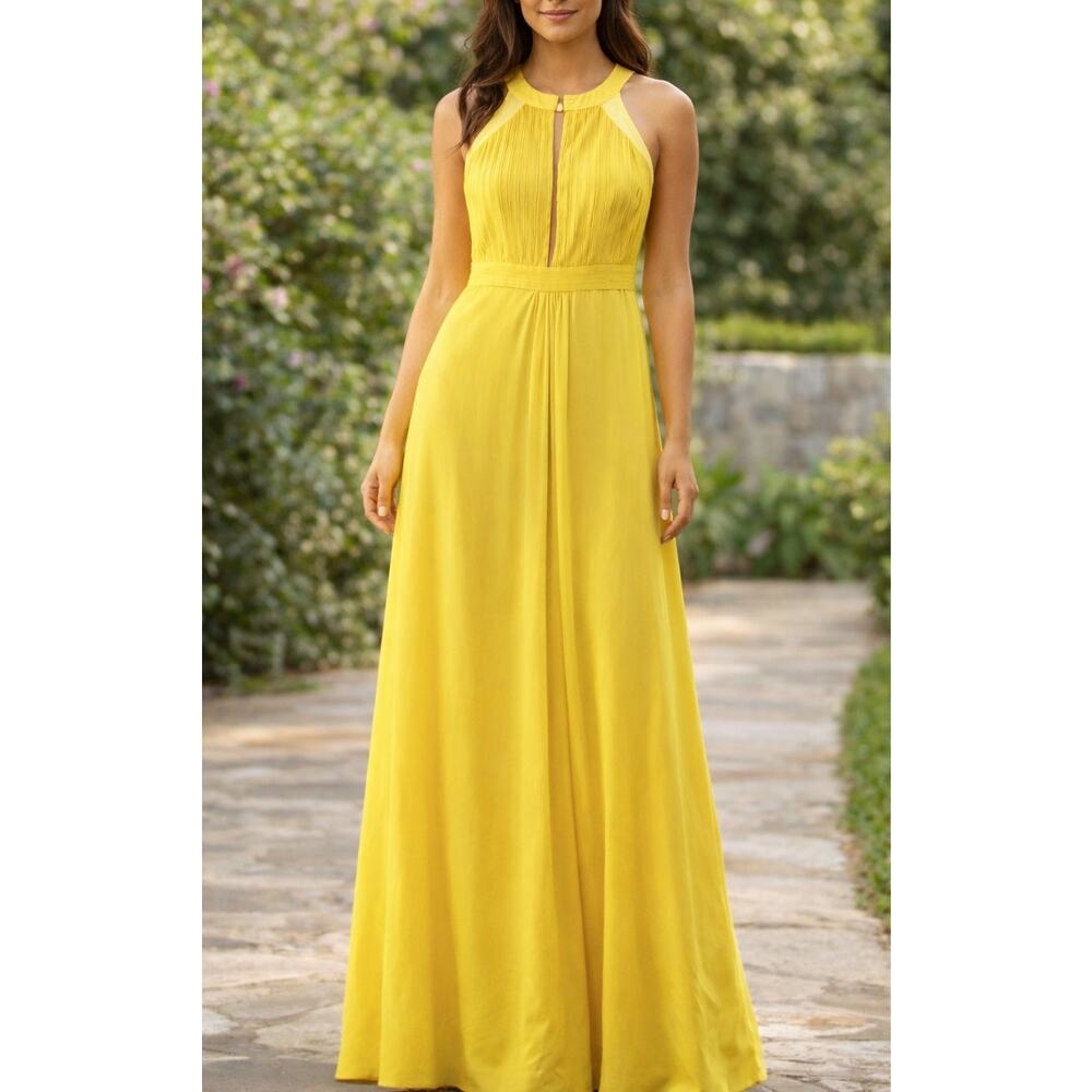 A. Drea Sleeveless Halter Neck Pleated Formal Maxi Dress Gown Yellow Small